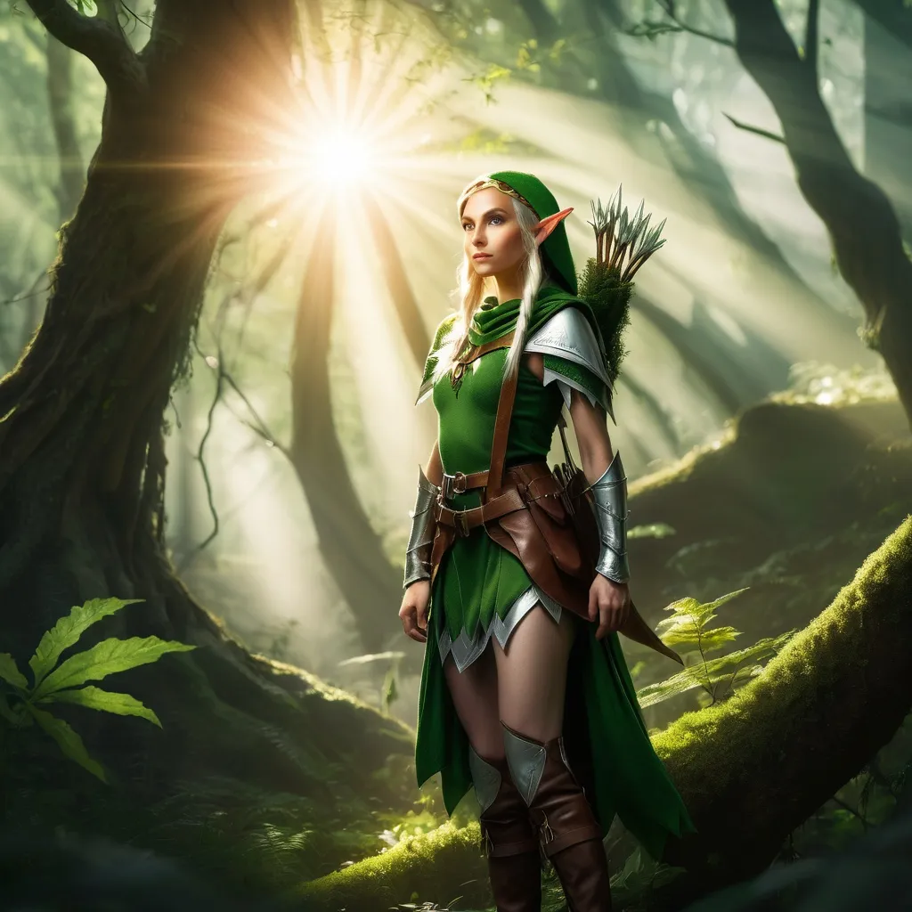 Prompt: Elf ranger in a mystical forest around sunlight