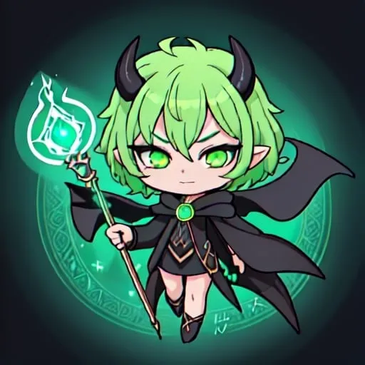 Prompt: Chibi-style humanoid mage with a black cloak, small horns, holding a magical staff with a glowing green crystal, sly and mysterious expression, vibrant and magical aura, detailed eyes, highres, chibi, magical, green tones, mystical lighting