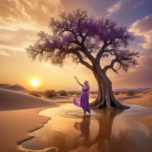 Prompt: an oak tree with purple leaves in the desert and water flowing from its branches with the sun setting behind it and a sky background with clouds and a sun, Amir Zand, art photography, desert, water flowing from the trees branches, a blonde woman in a summer dress  reach towards the sky a detailed matte painting