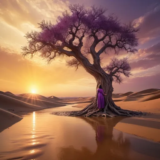 Prompt: an oak tree with purple leaves in the desert and water flowing from its branches with the sun setting behind it and a sky background with clouds and a sun, Amir Zand, art photography, desert, water flowing from the trees branches, a woman reach twords the skya detailed matte painting