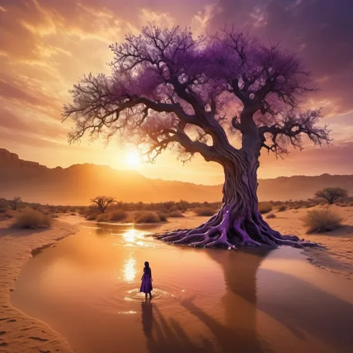 Prompt: an oak tree with purple leaves in the desert and water flowing from its branches with the sun setting behind it and a sky background with clouds and a sun, Amir Zand, art photography, desert, water flowing from the trees branches, a woman reach twords the skya detailed matte painting