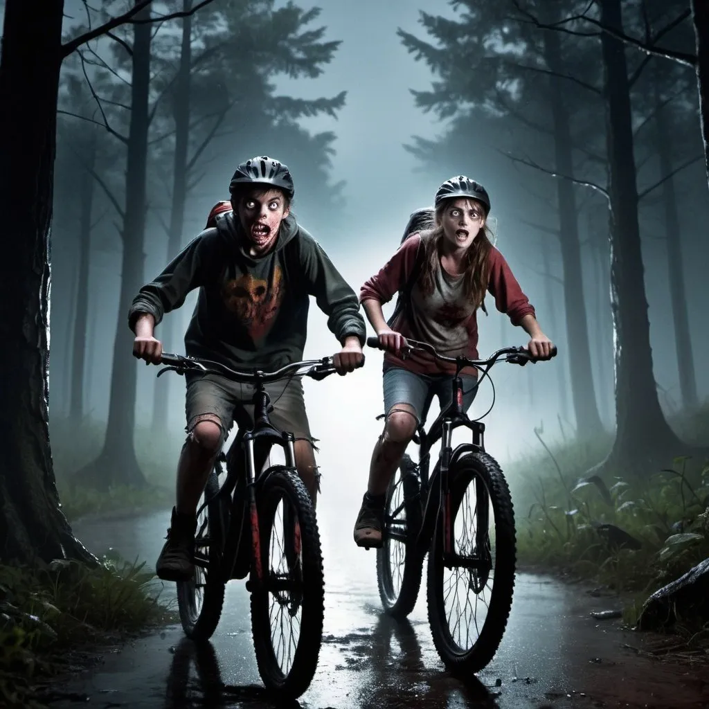 Prompt: Two scared teenagers bous in t'he forest riding their mountain bikes during a dark and raining night with zombies around their