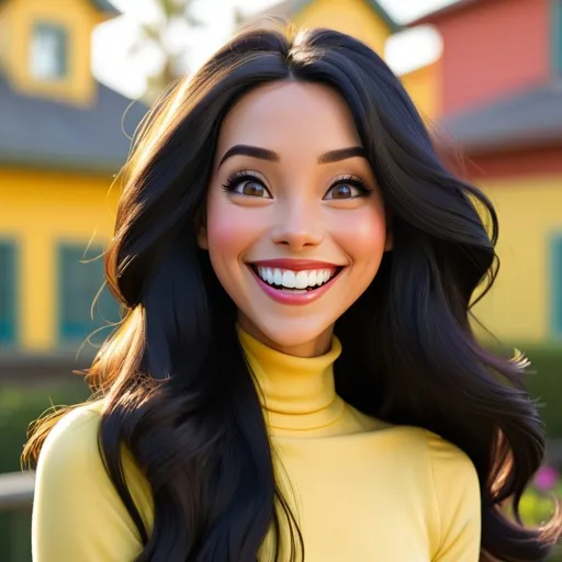 Prompt: A close up photo of  Disney style woman with long silky black hair and a happy smile, vibrant colors, sunny, wearing a yellow turtle neck dress, no background