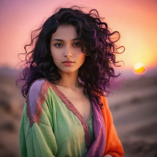 Prompt: (beautiful girl) black hair on her shoulder, afghan origin, fair complexion, (light green clothes), smoky background, (sunset) colors with vibrant hues of orange, pink, and purple, serene atmosphere, contrasts of light and shadow, ethereal glow among the curls, HD quality, dreamy and enchanting ambiance.