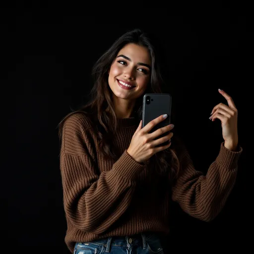 Prompt: A young woman poses confidently, tilting her head slightly as she gazes into her smartphone, capturing a moment for a selfie. She wears a cozy, ribbed brown sweater that adds warmth to her relaxed demeanor, complemented by fitted, distressed jeans that enhance her casual style. The backdrop is starkly black, emphasizing her presence and the soft, diffused lighting that highlights her facial features and long, dark hair. Her expression conveys a sense of pride and enjoyment, embodying a moment of self-appreciation and modern connectivity.