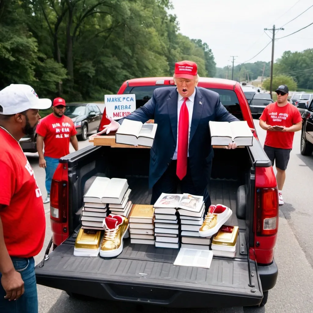 Prompt: A chubby Donald Trump wearing a red maga hat and gold sneakers selling bibles out of the back of a pick-up truck overflowing with bibles and a big Sign "Make America Pray again"