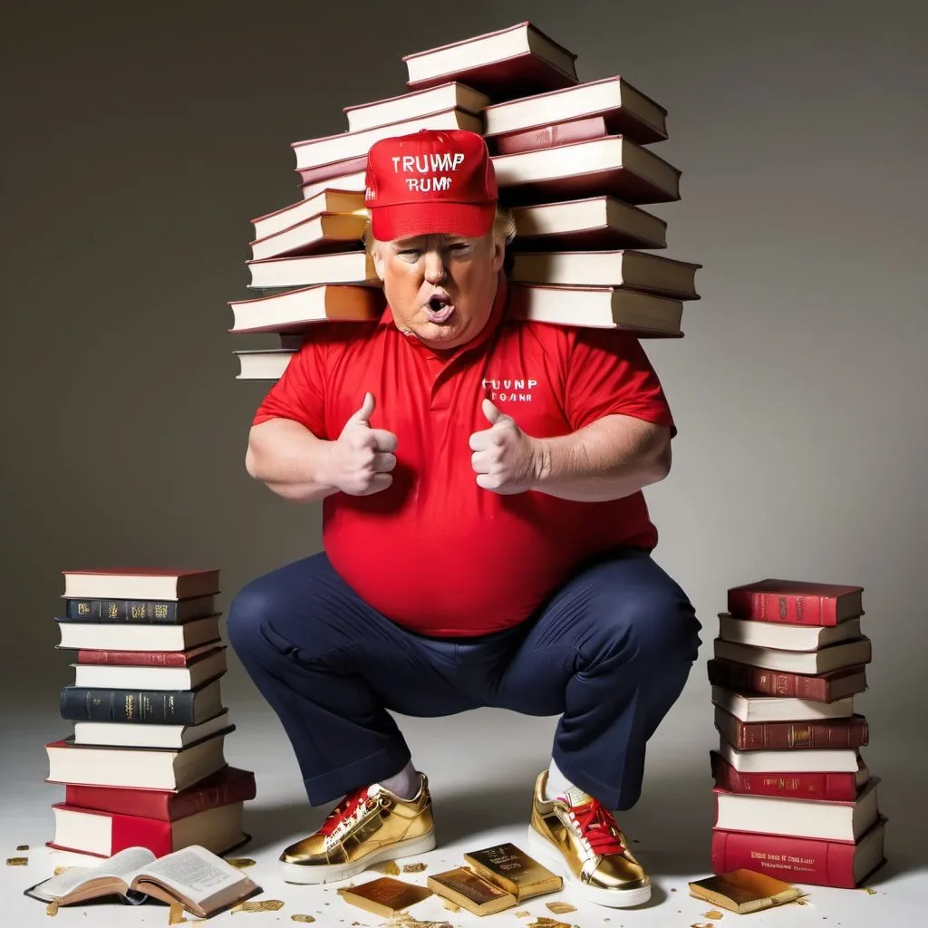 Prompt: A chubby Donald Trump, wearing a red maga Cap and gold sneakers , with a stack of trump bibles falling on his head