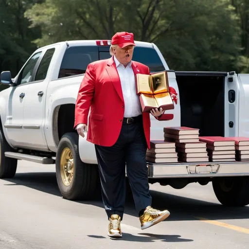 Prompt: A very chubby Donald Trump wearing a red maga hat and gold sneakers selling bibles out of the back of a pick-up truck over-flowing with bibles and gold sneakers