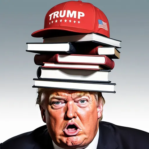 Prompt: A chubby Donald Trump, wearing a red maga Cap with a stack of trump bibles falling on his head comic exaggerated features