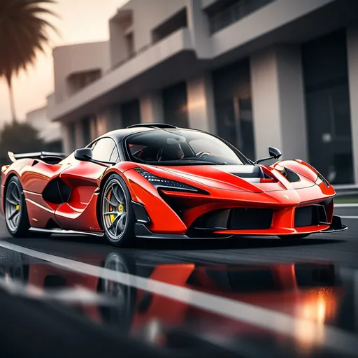 Prompt: (cinematic masterpiece of a hypercar), fusion of La Ferrari and McLaren Senna, sleek and aerodynamic design, vibrant carbon fiber accents, high-quality finish, dynamic lighting that highlights curves, dramatic shadows, futuristic atmosphere, ultra-detailed, bold lines, captivating reflections, stunning aesthetic of luxury sports cars, captivating background of a racing circuit or urban landscape.