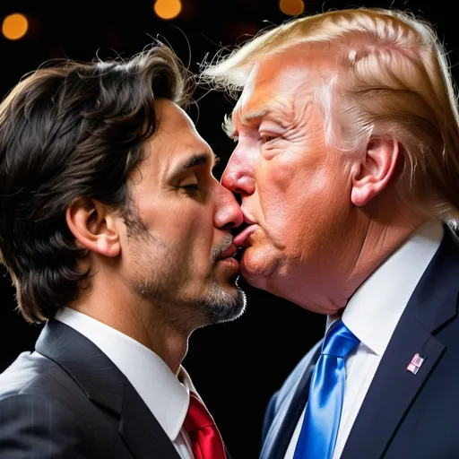 Prompt: Photo of real life Justin Trudeau kissing Donald trump,
cinematic lighting, confederate flag, vibrant colors, bokeh,
movie poster style