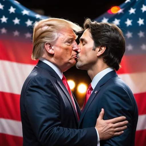 Prompt: Photo of real life Justin Trudeau kissing Donald trump,
cinematic lighting, confederate flag, vibrant colors, bokeh,
movie poster style