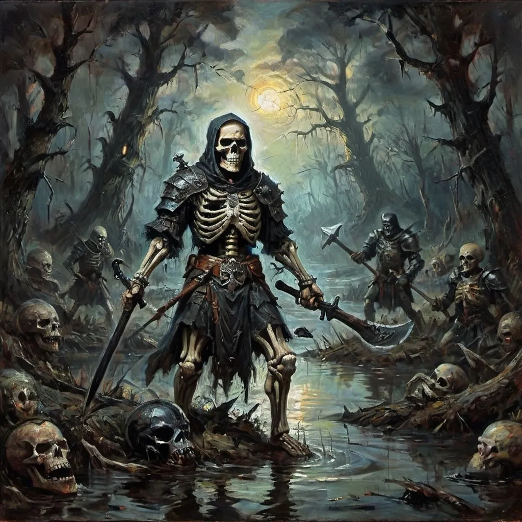 Prompt: (1970s style dark fantasy painting), skeleton warrior with a fierce expression wielding a battle ax, fighting a menacing black knight, cursed swamp with murky waters and eerie shadows, twisted trees surrounding the scene, dim and ominous lighting, dramatic contrasts in colors, haunting ambiance, ultra-detailed, high-quality, atmospheric depth with a sense of impending doom.