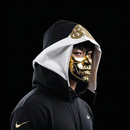 Prompt: a man wearing a nike hoody and a black gold elegant samurai mask with a black gold elegant samurai mask covering mask on his face, Altichiero, neoism, tech wear, a character portrait