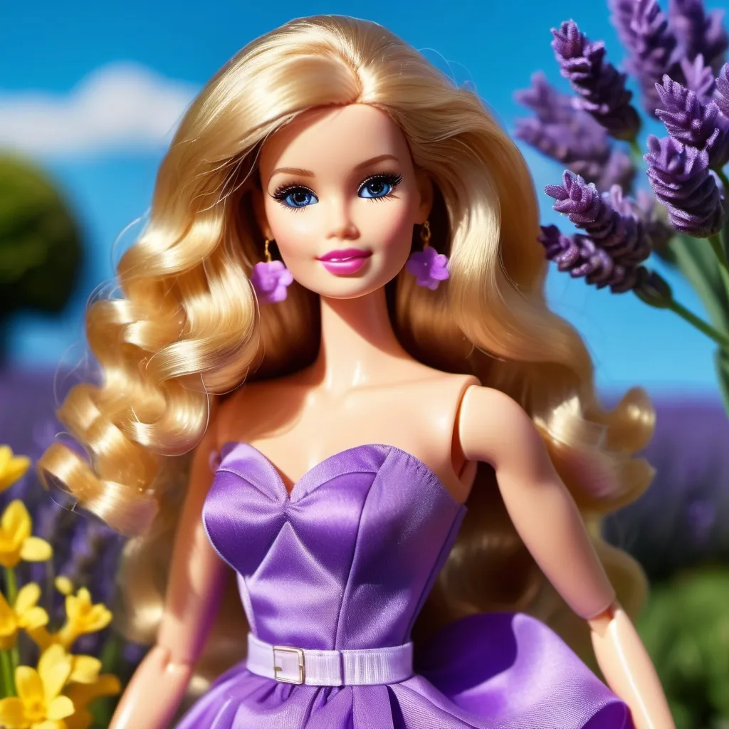 Prompt: Barbie doll with large, golden - wavy hair, wearing a purple dress and holding a bunch of purple lavender, standing in a beautiful outdoor garden with blooming flowers and a clear blue sky in the background.