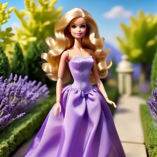 Prompt: Barbie doll with large, golden - wavy hair, wearing a purple dress and holding a bunch of purple lavender, standing in a beautiful outdoor garden with blooming flowers and a clear blue sky in the background.