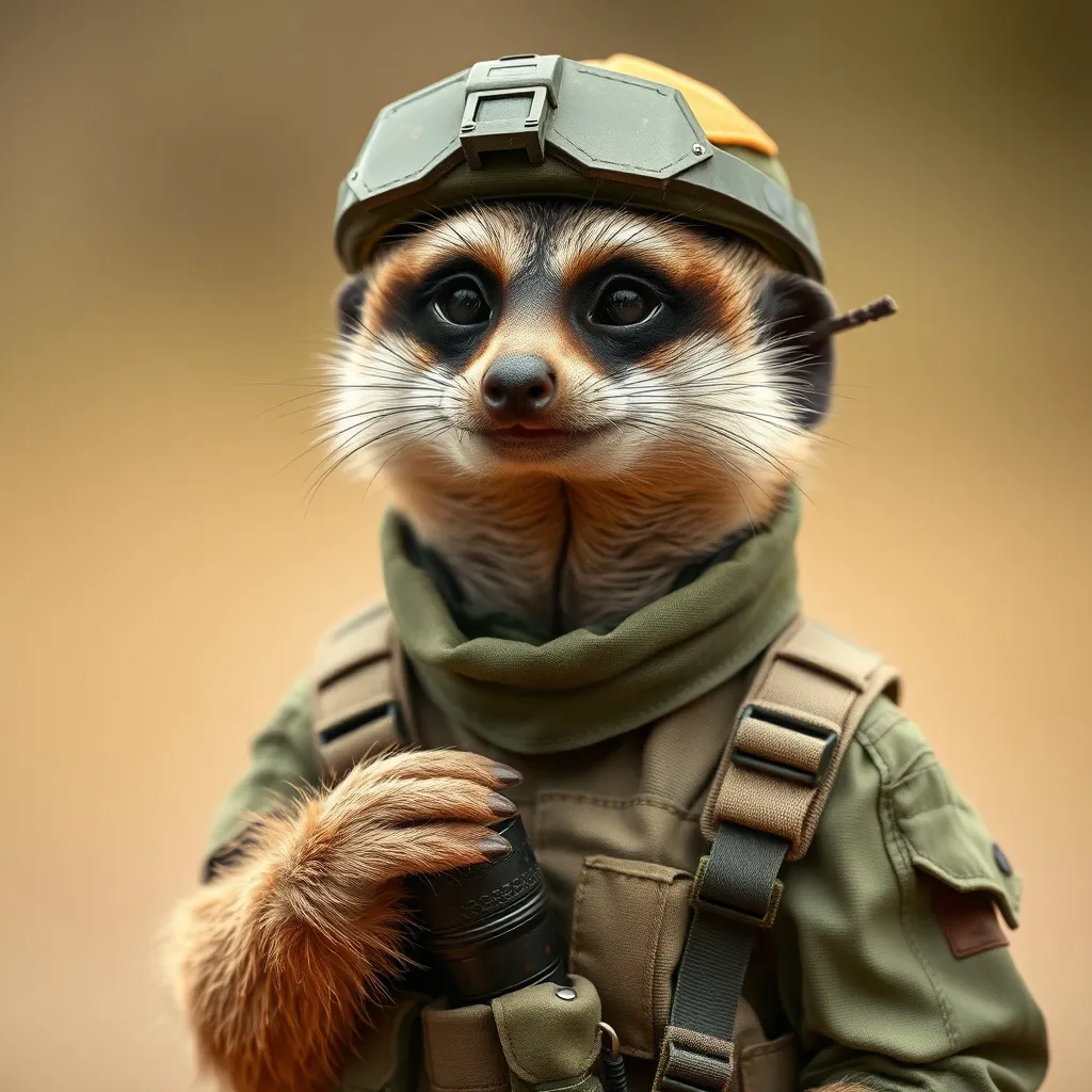 Prompt: Meerkat wearing military gear