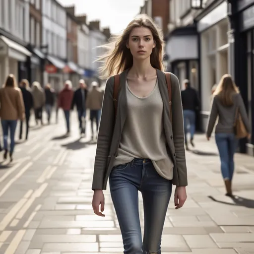 Prompt: Tall young woman walking down the high street, detailed clothing, realistic, natural lighting