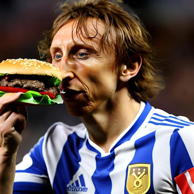 Prompt: Fat Luka Modric eating a burger