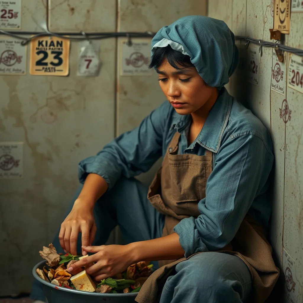 Prompt: A female worker sitting with a sad face and collecting food scraps from the floor while a drop of tear is flowing from her eye.