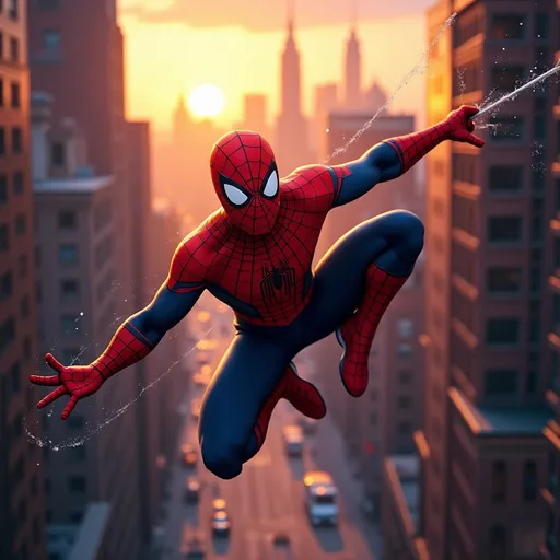 Prompt: Spider-Man swinging between skyscrapers with a sunset backdrop in New York City.