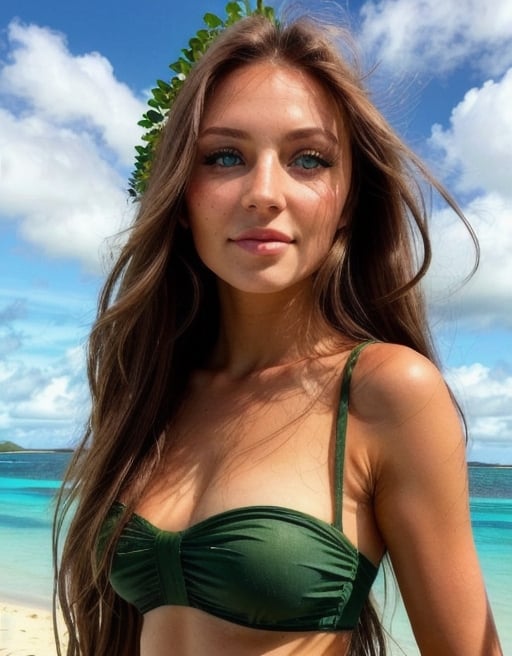 Prompt: A beaituful woman in a Island with green eyes,  with brown Long hair .

The sky is a sunny day.
