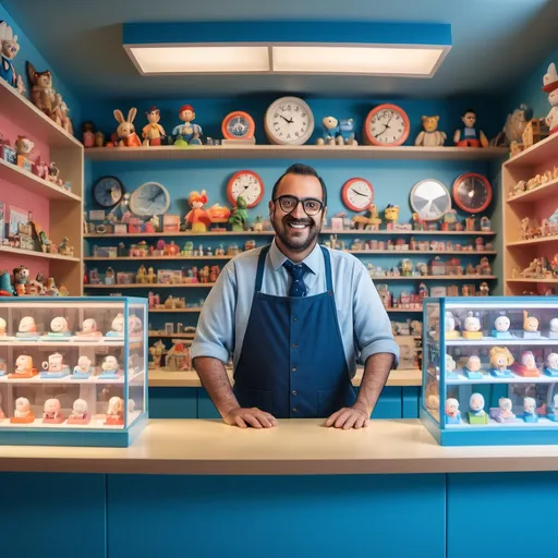 Prompt: A very wide shot of a friendly, smiling, male shopkeeper behind the counter of a stylized toy shop. The image is shot from straight from the front. The shop sells only miniature people in toy boxes. The shop is built in a limbo studio and has a blue theme in it's art direction. The backside of the shop has a gigantic analog clock on the wall.