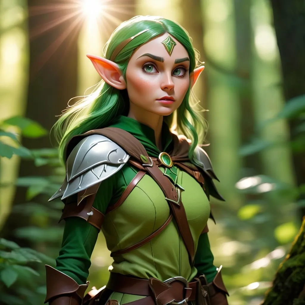 Prompt: Elf ranger in a mystical forest around sunlight