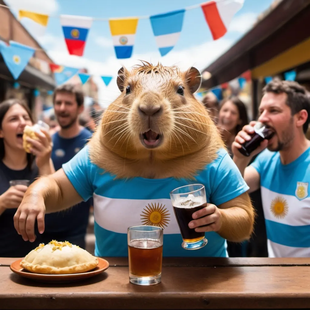 Prompt: a humanized capybara animal wearing the argentina t-shirt , he is in a bar drinking fernet,eating empanadas and having fun. in the background is people having fun, argentina flags are hanging and white and light blue confeti is falling