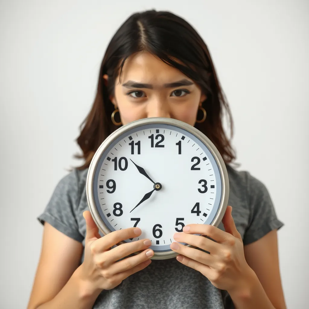 Prompt: A young woman holds a 12 inch diameter wall clock in front of her chest with both hands