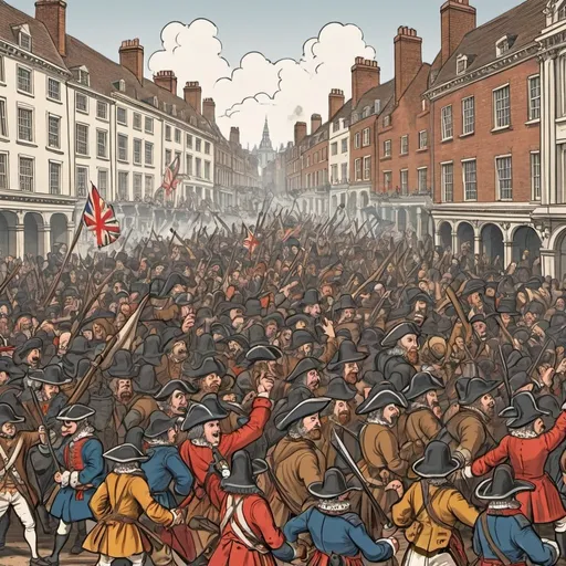Prompt: 1600s people storming london damanding for freedom revolt cartoon style
