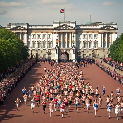 Prompt: 1600s people running towards buckingham palace in london with colour