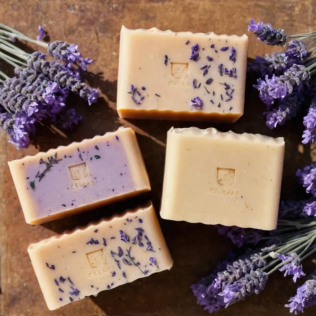 Prompt: biologic soapsbars, cepurlpe comercial, without text, lavender, flowers bee, nature, creams