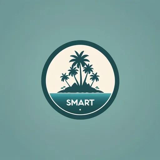 Prompt: a minimalist logo design, the word "smart" surrounded by an island theme, all surrounded by a circle