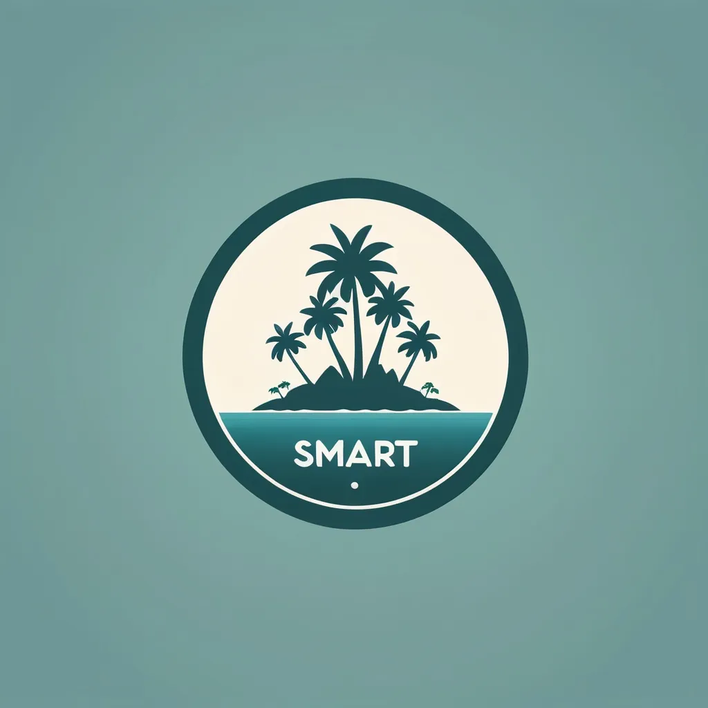 Prompt: a minimalist logo design, the word "smart" surrounded by an island theme, all surrounded by a circle