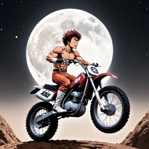 Prompt: baki hanma in space riding a dirt bike by the moon