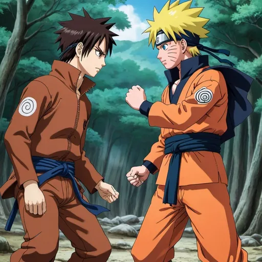 Prompt: eren and naruto meet for the first time while goku fights yujiro hanma