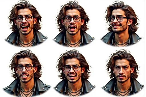 Prompt: photorealistic stylish male 77108e8f with wavy brown hair, glasses, layered necklaces, black leather trench coat, dark pants A composition featuring six different facial expressions of the character, from shoulders up, arranged in a grid pattern on a white background. The expressions include: Laughing: Wide smile, eyes crinkled, exuberant joy. Crying: Tears streaming, furrowed brows, open mouth. Angry: Furrowed brows, clenched teeth, intense gaze. Shy: Slight blush, eyes averted, small smile. Surprised: Raised eyebrows, wide eyes, open mouth. Scared: Wide eyes, open mouth, tense facial muscles. Character details remain consistent across all expressions with shoulders visible to frame the face. Each expression is clear and easily recognizable against the clean white background.