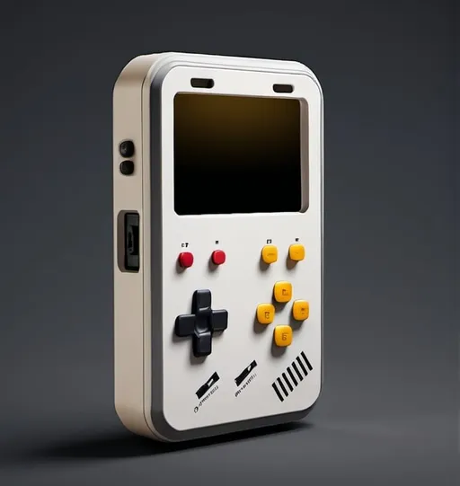 Prompt: Portable console. The shape of a rectangle in portrait mode, divided in the middle into 2 squares, the main color is yellow, the secondary color is light gray, the controls are the same as in classic game consoles, the screen is also rectangular, it occupies almost the entire plane of the upper square, there is a wheel in the lower right corner for control. , white background, vintage design with sci-fi, classic buttons, matte finish, high quality, detailed textures, classic colors, iconic design, matte surfaces, high resolution, ultra detail, professional lighting