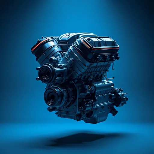 Prompt: (4 Cylinder Engine), small, sleek design, (blue and black) color tones, metallic accents, modern and professional advertising style, dynamic composition, high-impact visuals, minimal background, emphasis on engine detail and craftsmanship, vivid lighting to highlight surface textures, ultra-detailed, eye-catching and appealing for marketing purposes.