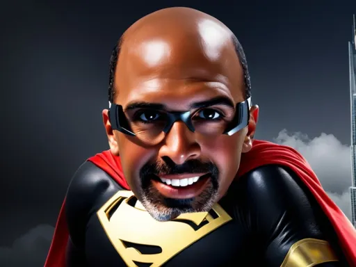 Prompt: Full body visualize male wearing eye mask or glasses a powerful African American male wearing face eye black eyes superhero wearing eye shades, poised in a dynamic stance atop a futuristic skyscraper. He's adorned cool shades or glasses, eye mask, wearing leather, eye mask, , enhancing his enigmatic allure. A small, red circle logo his chest,.