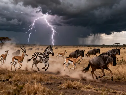 Prompt: 非洲大草原上，电闪雷鸣，动物四处逃窜