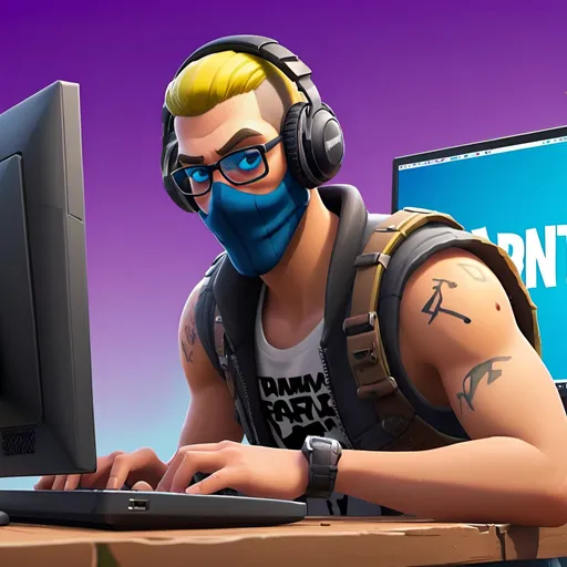 Prompt: Create fornite person who playing at computer and above person is graffity MAXIMUS.