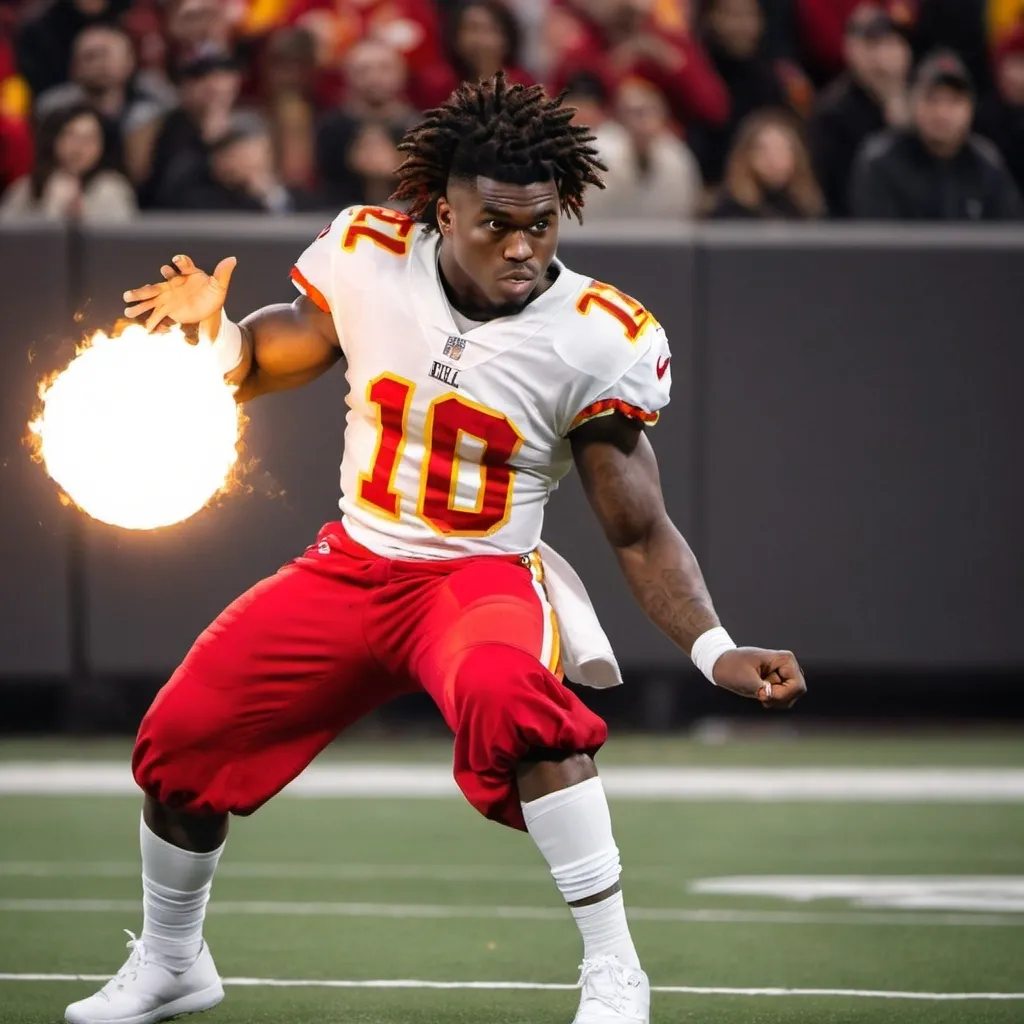 Prompt: Tyreek Hill dressed as Ryu doing a Hadouken fireball