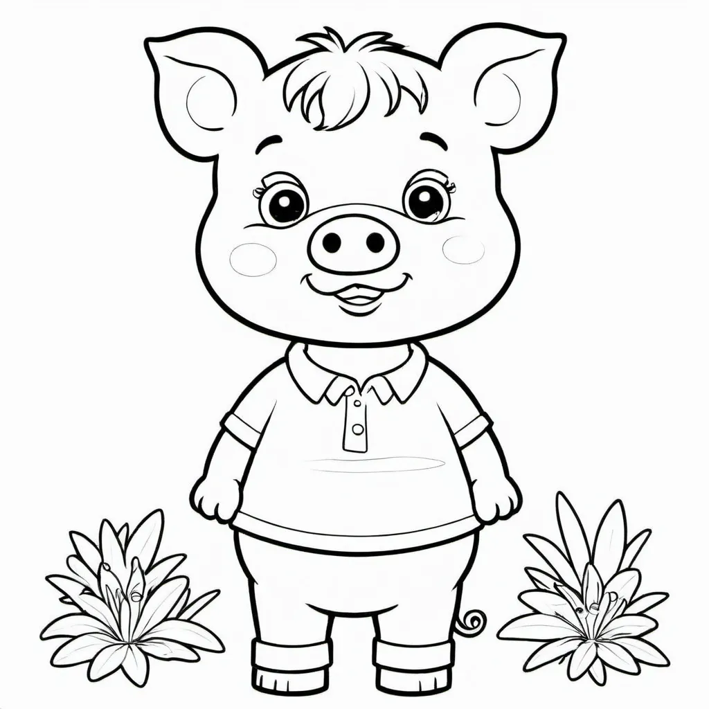 Prompt: black and white outline art for cut children's coloring book pages. hog, all white, children's style, white background, whole body, sketch style, full body, only outlines used, cartoon style, lines, coloring book, clean lines, no background. white, sketch style.

