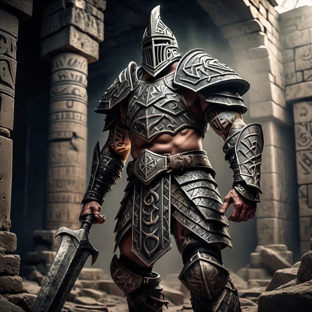 Prompt: Tall Rune Knight Goliath, intricate Trible tattoos clad in Rune Armor armed with a Rune Maul. standing in an ancient ruin with dramatic lighting