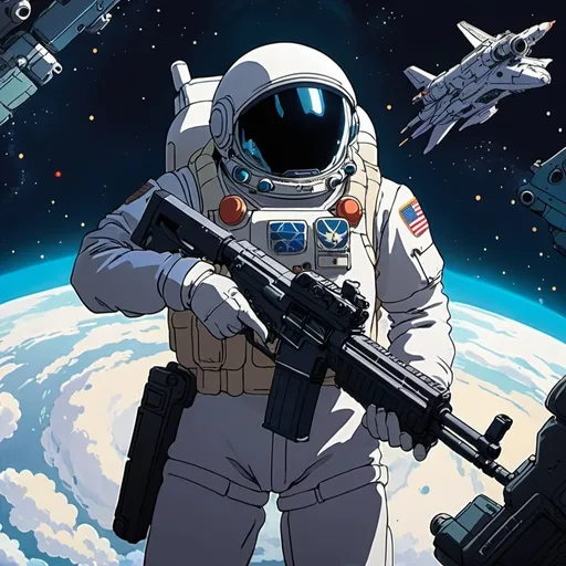 Prompt: 2d studio ghibli anime style, us space force guardian with a gun in space, anime scene