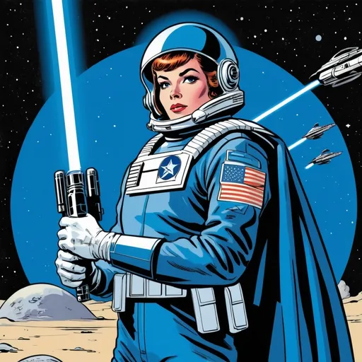 Prompt: Silk screen comic book illustration, united states space force member, wearing OCPs, blue lightsaber in hand, 1960s retro futurism