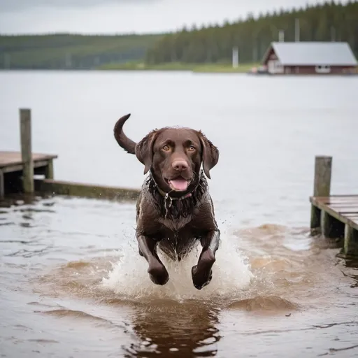 Prompt: Brown labrador retriever is swimming through  huge size hails in a hail storm in a small harbour with small  wooden pier  on a summers day in Finland