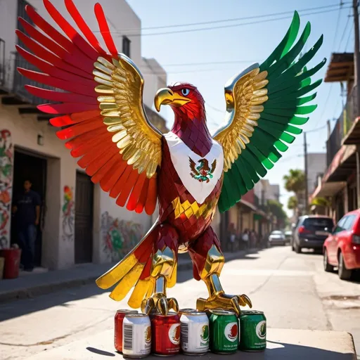 Prompt: Mexican boy crafting eagle sculpture from bottles and cans in Mexican flag colors, vibrant and dynamic, street art style, red, green, white, and gold color tones, natural sunlight casting warm glow, high quality, detailed craftsmanship, street art, vibrant colors, dynamic composition, Mexican culture, urban setting